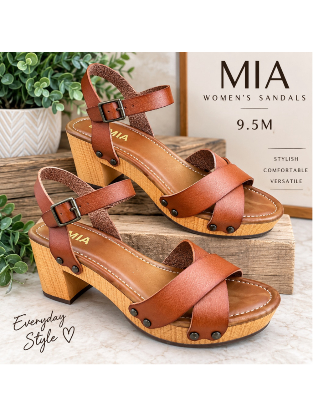 MIA Women's Brown Strappy Block Heel Sandals Size 9.5M Ankle Strap